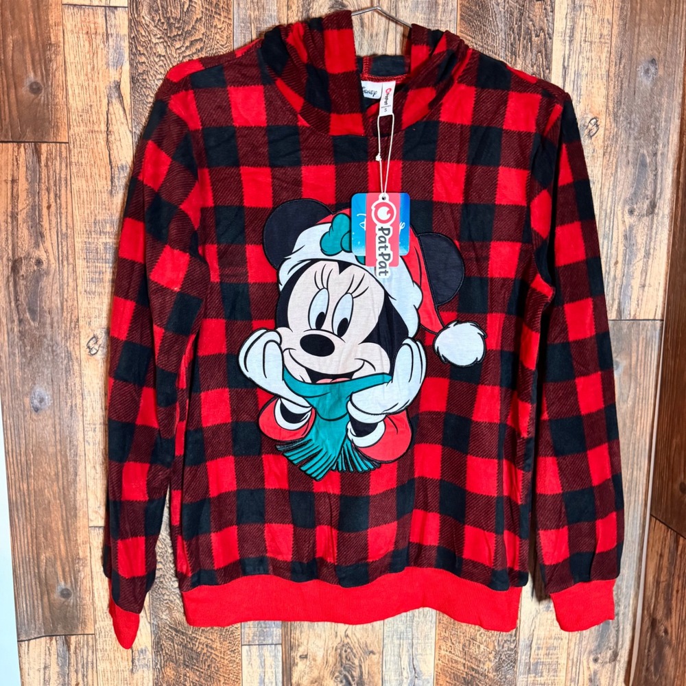 Disney‎ PatPat Minnie Mouse Holiday Red Black Plaid Hoodie Sweatshirt - Small
